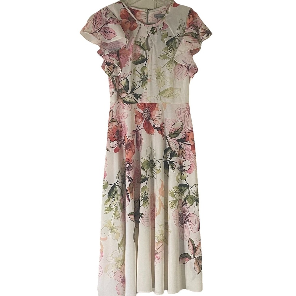 Danny & Nicole Floral Fit  & Flair Midi Dress Size 4 Flutter Sleeve Tea Length